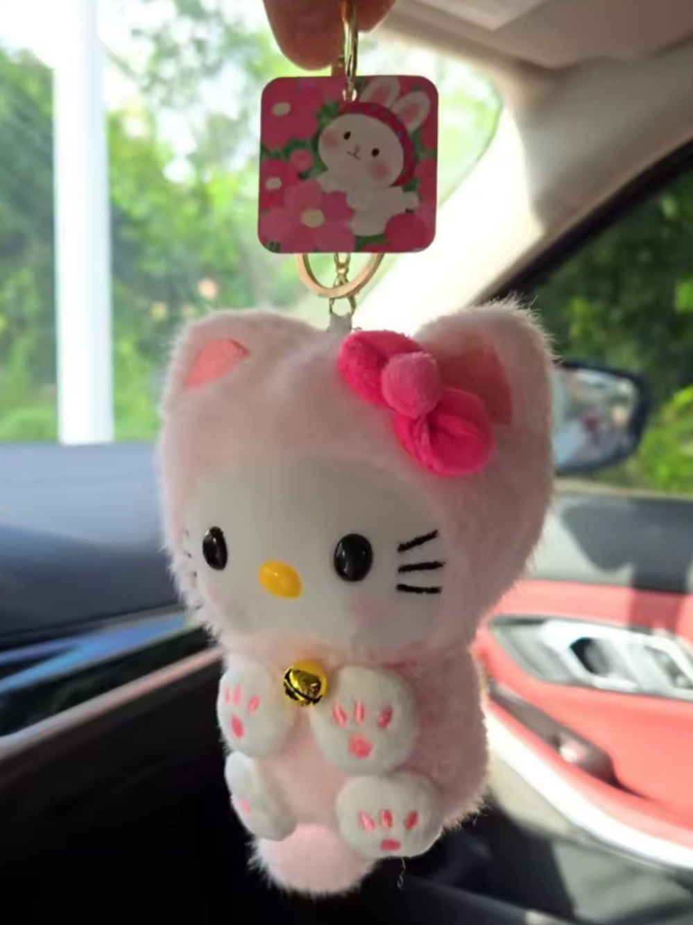 Cute Pink Plush Cat Bag Charm Keychain with Bell